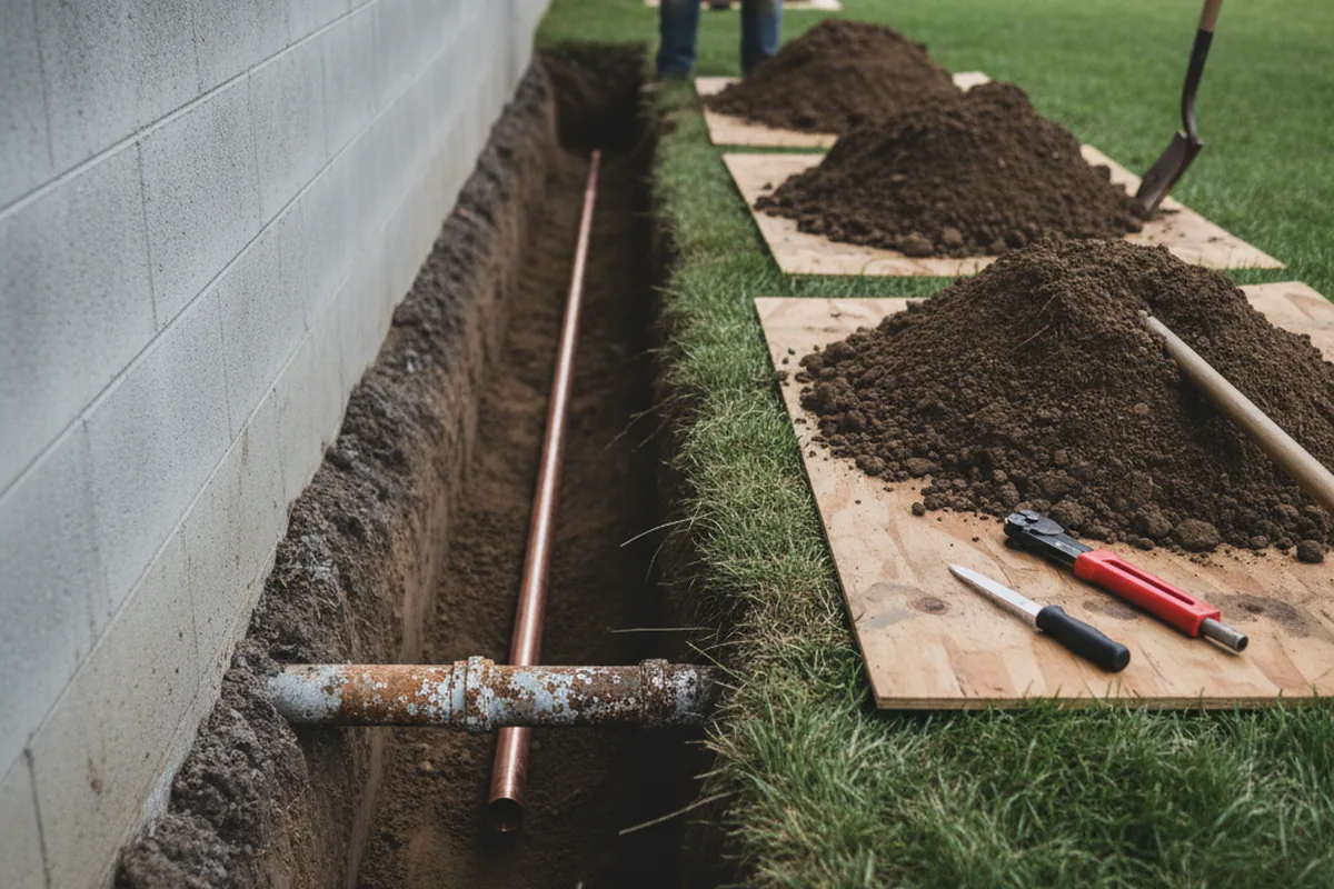 Excavated water line trench during Water Heater Repair in Quaker City